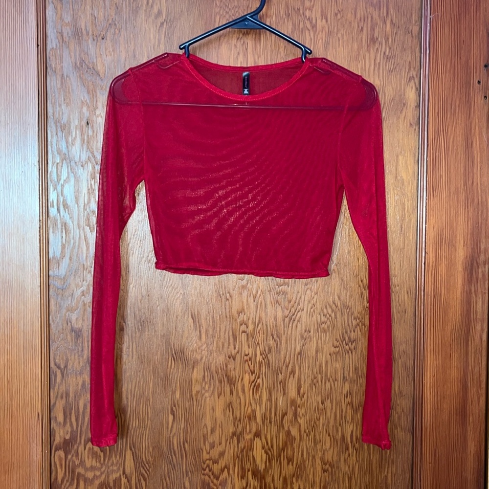 Crop, red, see-through, long sleeve top. Never worn